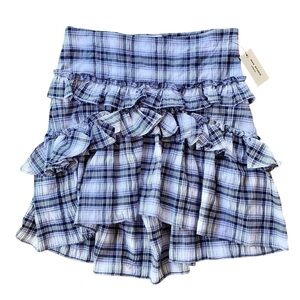 Max Studio London Ruffle Plaid Hi-Low Prairie Mini Skirt Blue White Size 10